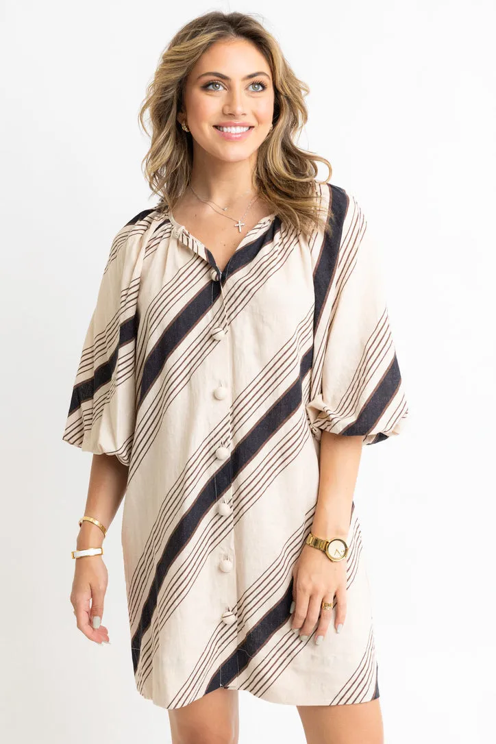 Stripe Puff Sleeve Button Dress