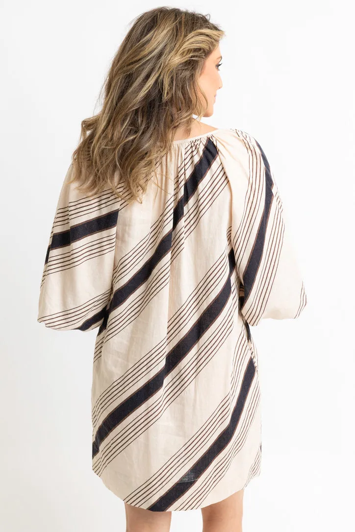 Stripe Puff Sleeve Button Dress