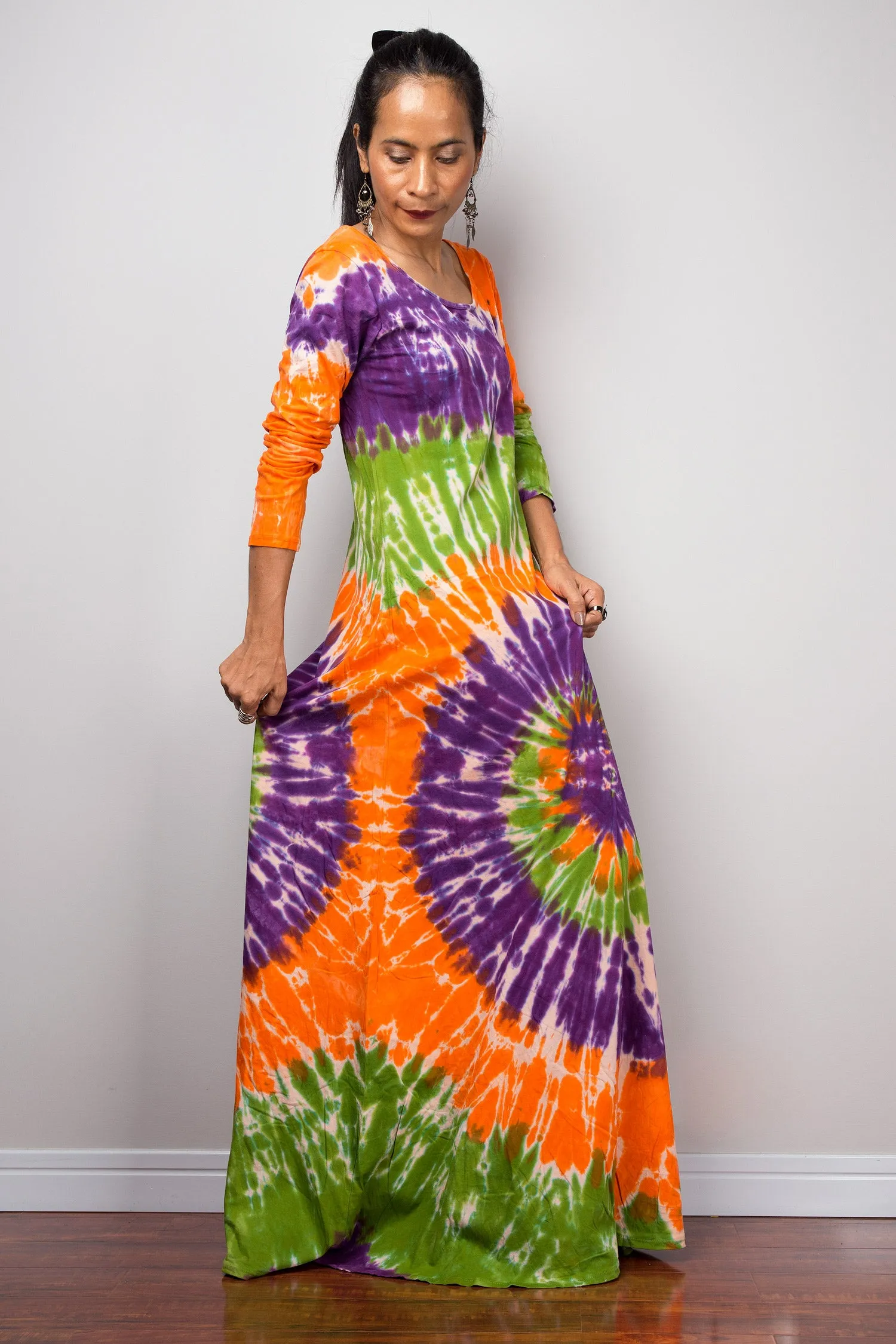 Tie dye swirl dress, Hippie Festival maxi dress, Long Sleeve Rainbow dress, Colourful gypsy dress