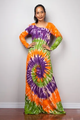 Tie dye swirl dress, Hippie Festival maxi dress, Long Sleeve Rainbow dress, Colourful gypsy dress